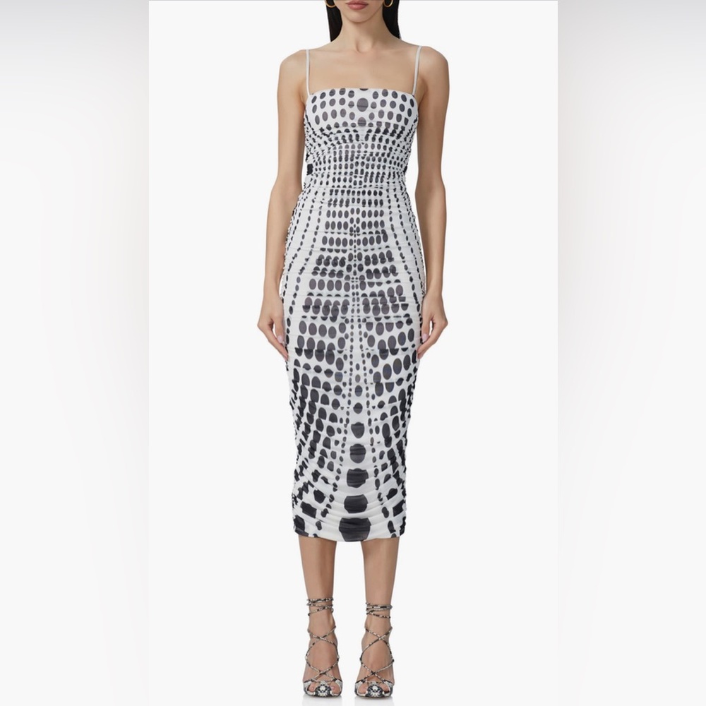 AFRM Black and White Smocked Pencil Dress Midi Length
